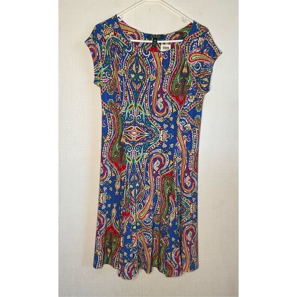 Lauren Ralph Lauren Womens Medium Blue Paisley Multi Floral Dress Stretch Jersey